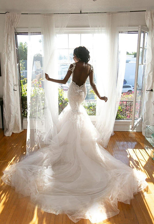 Ivory V Neck Mermaid Wedding Dress Tulle Appliques With Lace Appliques