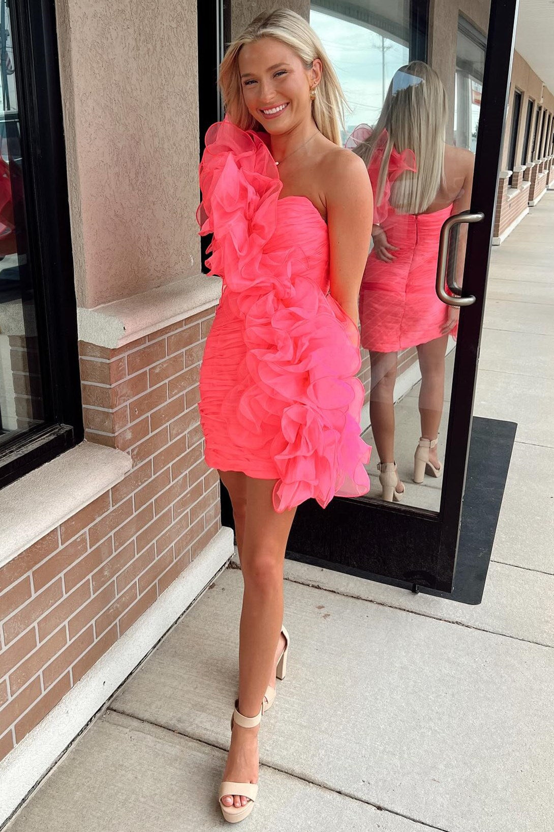 hot girly pink one shoulder ruffle short homecoming dress