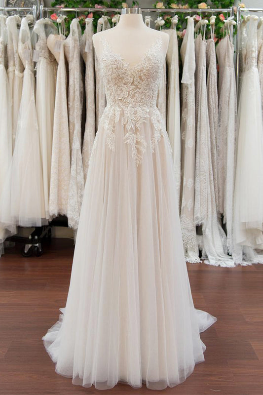 Ivory V Neck Wedding Dress A Line Sleeveless Lace Bridal Dress