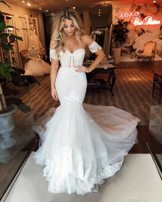 Off The Shoulder Tulle Wedding Dress Mermaid Appliques Bridal Dress