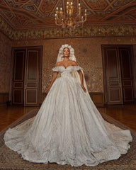 Off The Shoulder A-line Ball Gown Beaded Wedding Dress