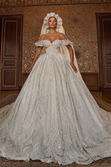 Off The Shoulder A-line Ball Gown Beaded Wedding Dress