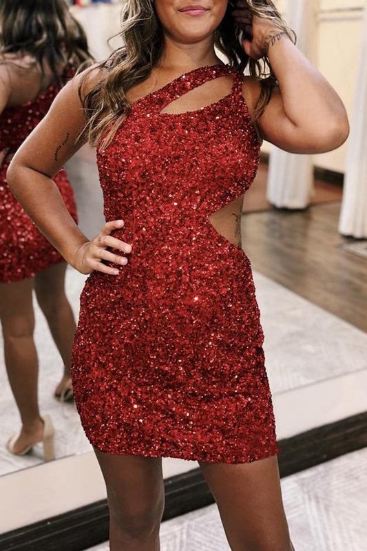 sexy one shoulder style sleeveless sequin styleed fitted homecoming dress