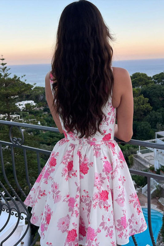 girly pink a line floral short homecoming dress