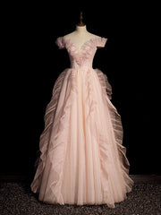 Pink V-Neck Off-Shoulder Long Prom Dress Pink Long Evening Dress