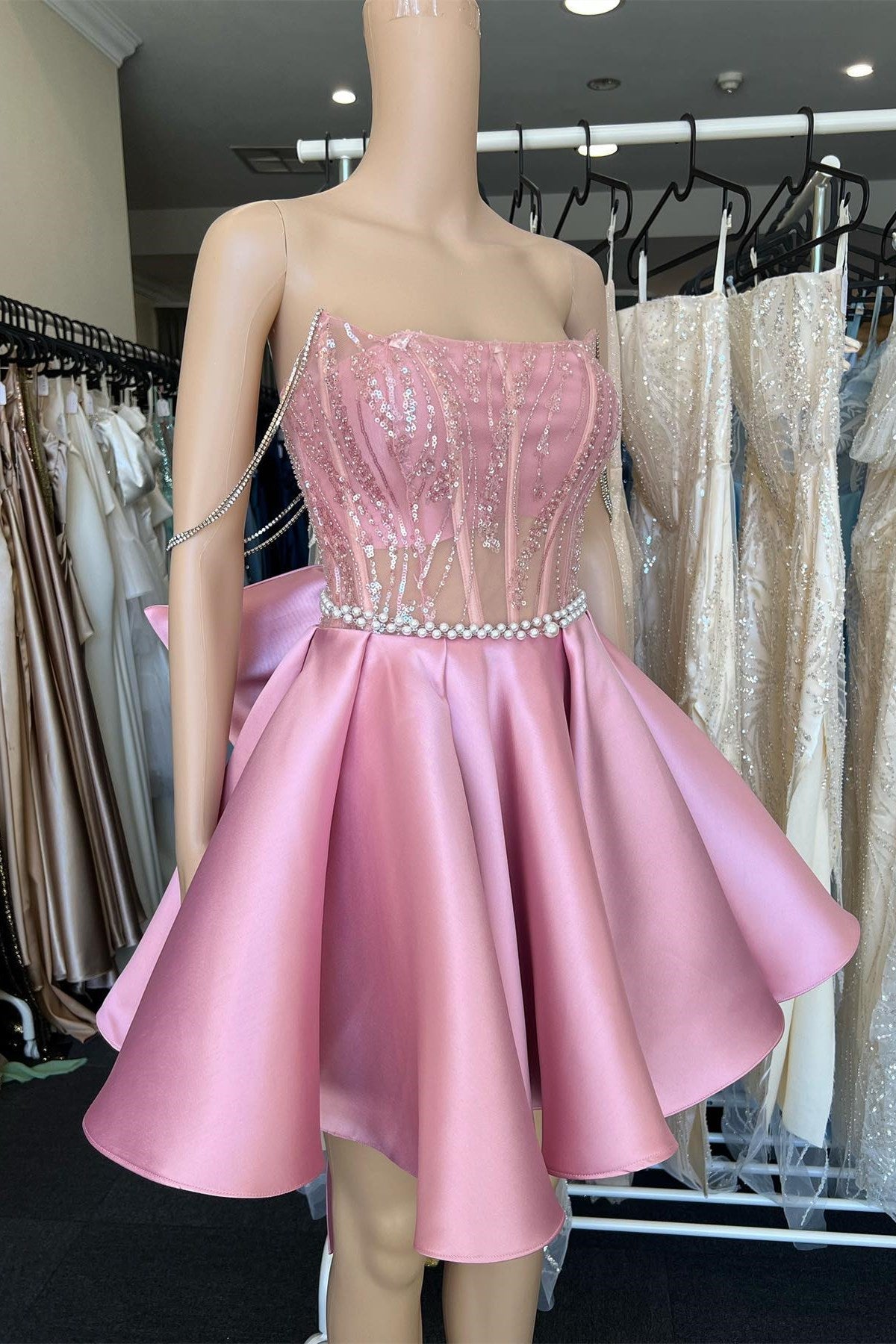 a line girly pink lace chic off the shoulder style bowknot back short homecoming dress