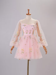 Chic Sweetheart Collar Embroidery Short-Length Tulle Material Puff Sleeves Cocktail Dress