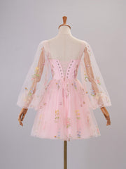 Chic Sweetheart Collar Embroidery Short-Length Tulle Material Puff Sleeves Cocktail Dress