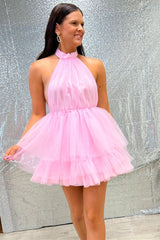 girly pink tulle halterneck short homecoming dress with ruffles