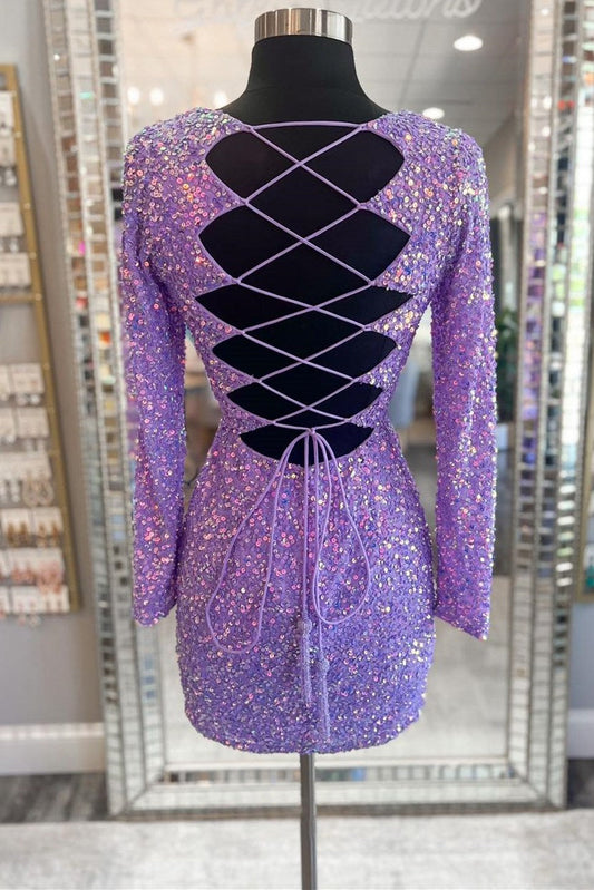 purple sequin style lace up short party dress with long sleeves