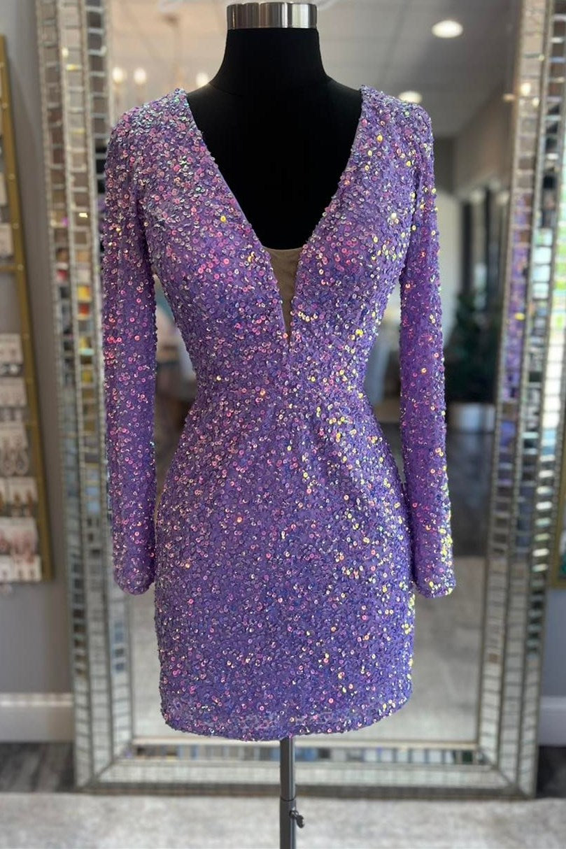 purple sequin style lace up short party dress with long sleeves