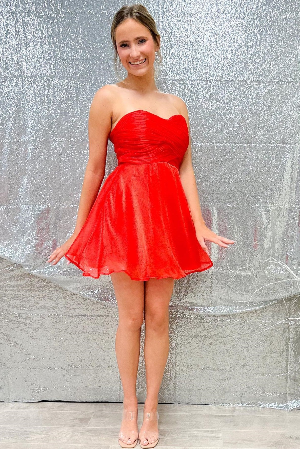 red strapless bandeau version a line short homecoming dress