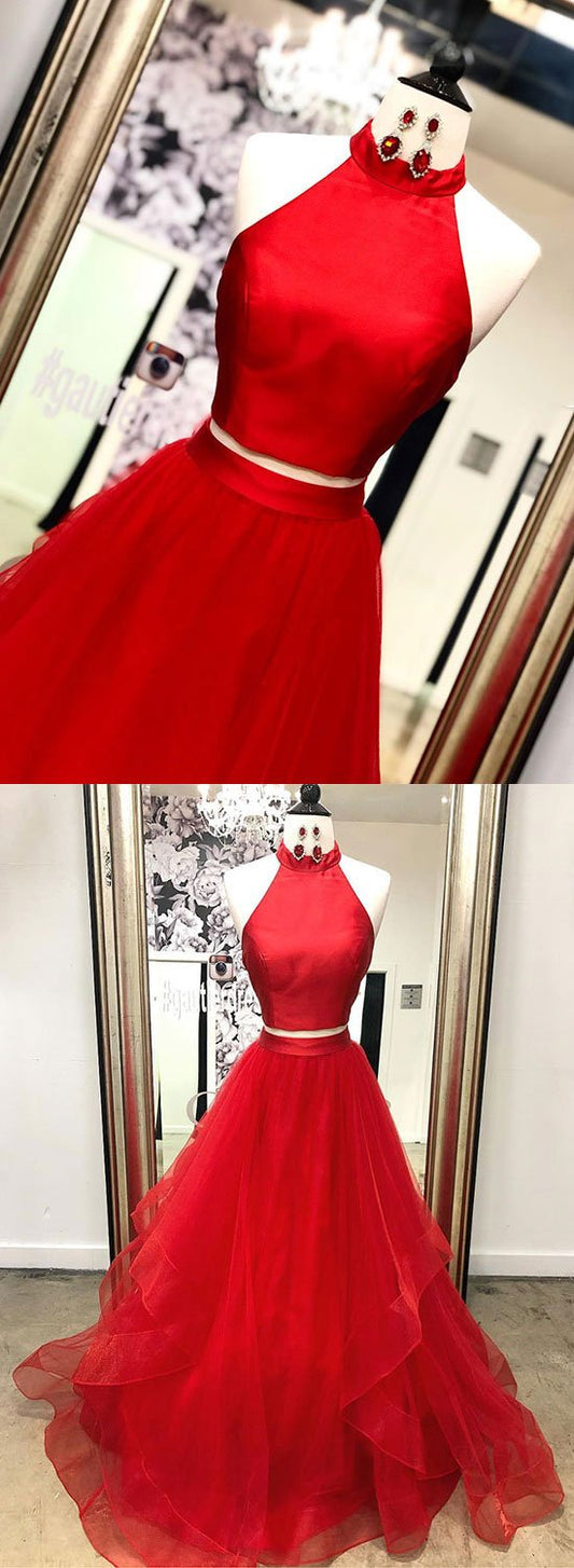 Red Two-Piece Tulle Long Prom Dress Red Long Evening Dress