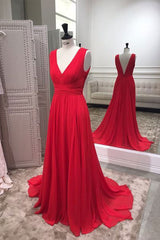 Simple Red V-Neck Chiffon Long Prom Dress Red Evening Dress