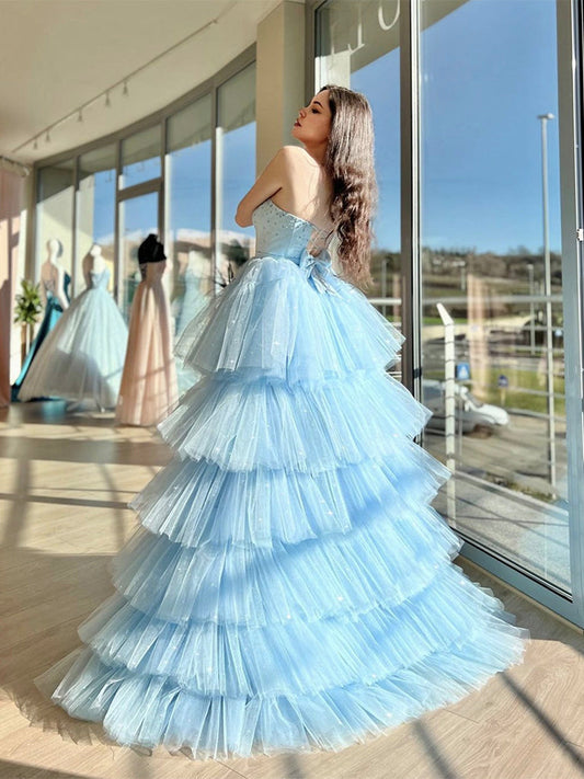 Unique Sweetheart Neck High Low Tulle Blue Prom Dress Blue Tulle Formal Dress