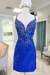 royal blue delicate beading plunge v lace up short homecoming dress