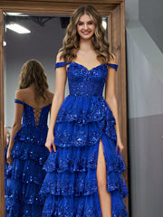 Royal Blue A Line Princess Off the Shoulder Sexy Corset Elegant Prom Dress with Lace Ruffles