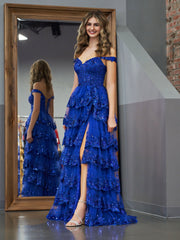 Royal Blue A Line Princess Off the Shoulder Sexy Corset Elegant Prom Dress with Lace Ruffles