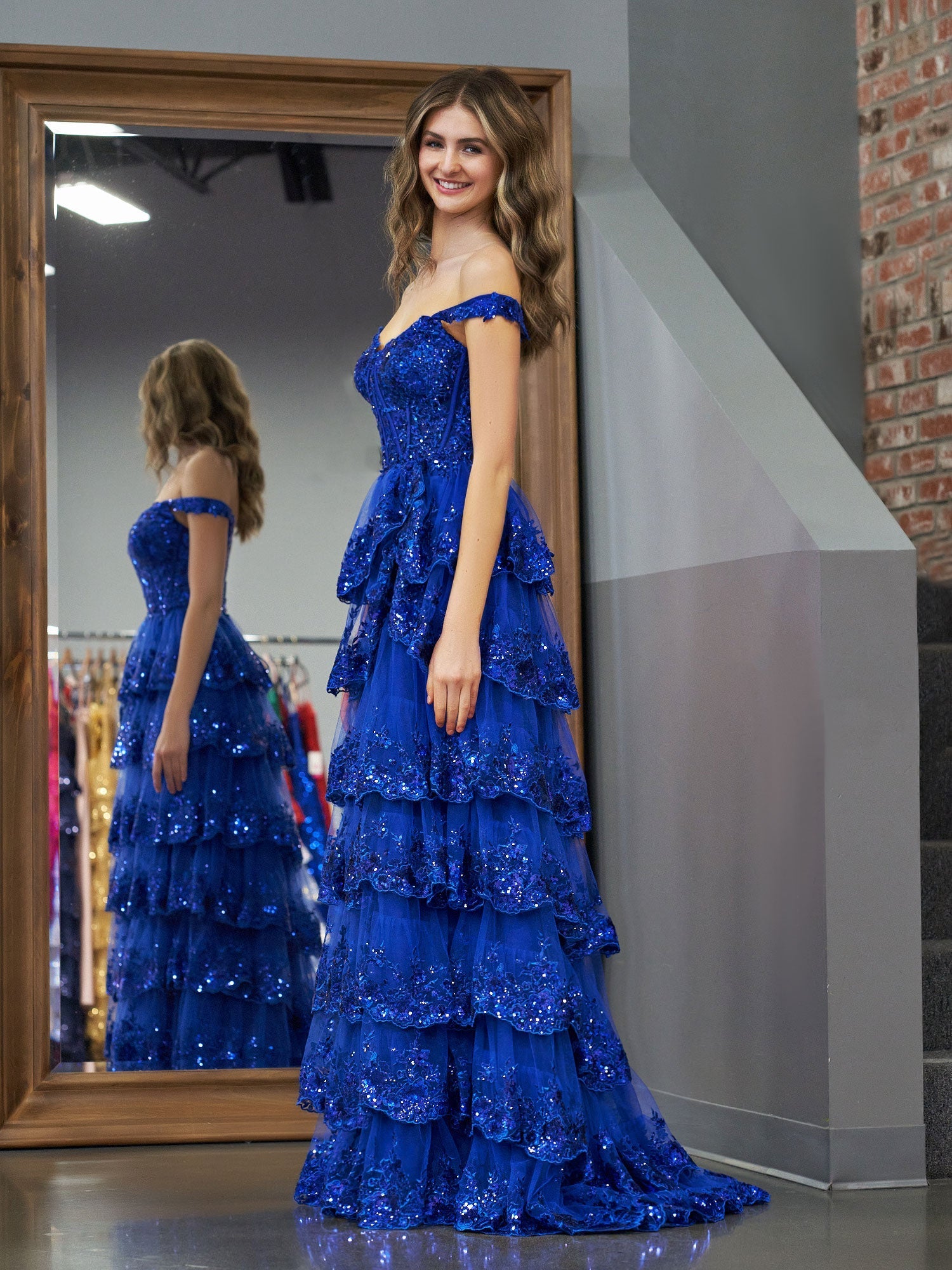 Royal Blue A Line Princess Off the Shoulder Sexy Corset Elegant Prom Dress with Lace Ruffles