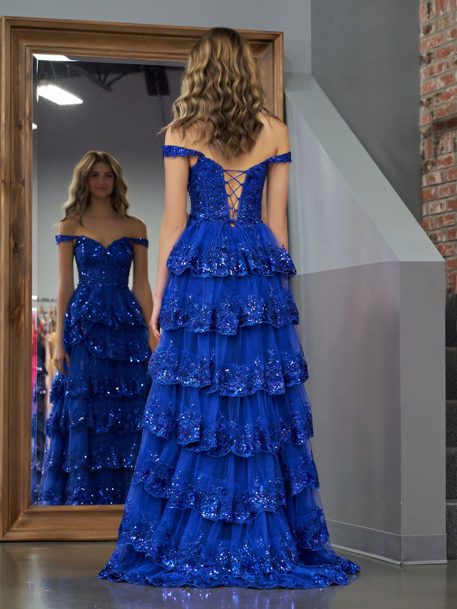 Royal Blue A Line Princess Off the Shoulder Sexy Corset Elegant Prom Dress with Lace Ruffles