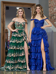 Royal Blue A Line Princess Off the Shoulder Sexy Corset Elegant Prom Dress with Lace Ruffles