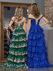 Royal Blue A Line Princess Off the Shoulder Sexy Corset Elegant Prom Dress with Lace Ruffles