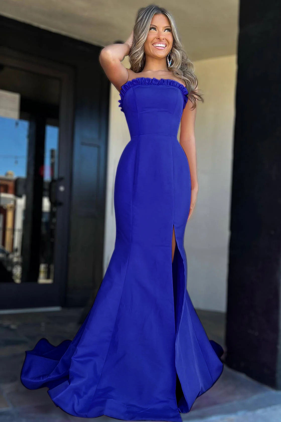 Denver Dressystars  Strapless Maganta Ruffle Mermaid Split Design Long Prom Dress