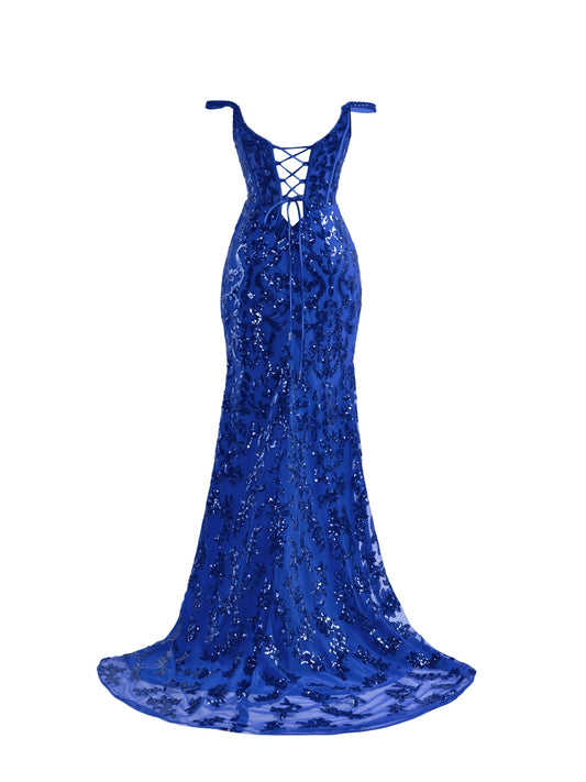 Erryn Dressystars Shiny Blue Sheath Sequin Material  Long Elegant Prom Dress with Split Design