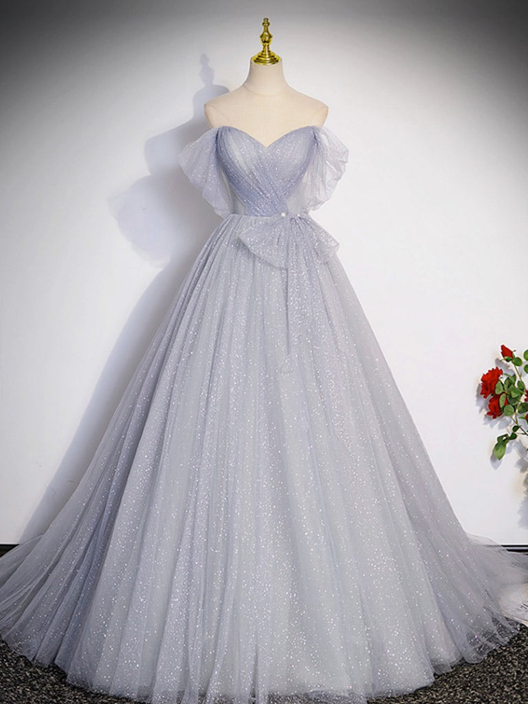 A-Line Off-Shoulder Tulle Long Gray Prom Dress Gray Formal Dress