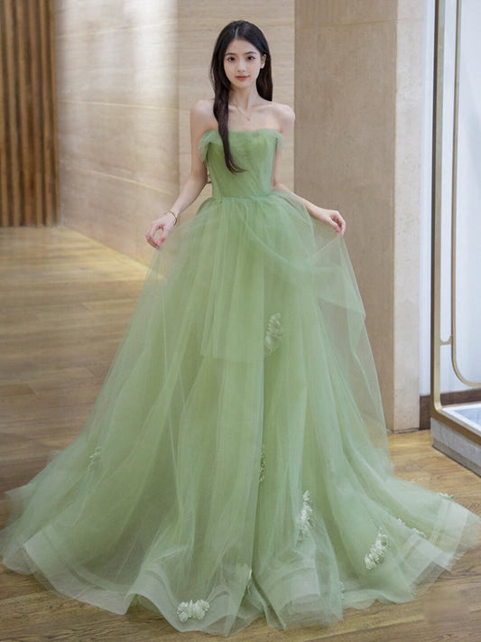 A-Line Tulle Green Long Prom Dress Green Long Formal Dress