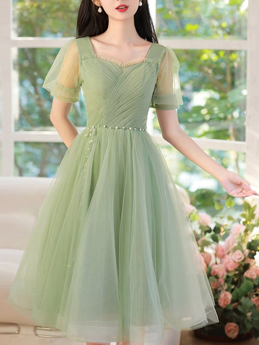 A-Line Green Tulle Short Prom Dress Green Short Formal Dress