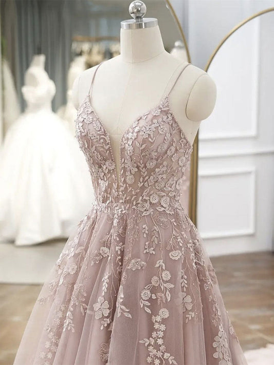 A-Line Pink Tulle Lace Long Prom Dress Pink Lace Formal Dress