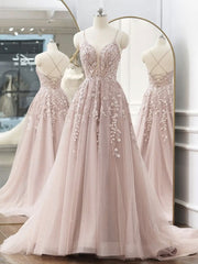 A-Line Pink Tulle Lace Long Prom Dress Pink Lace Formal Dress