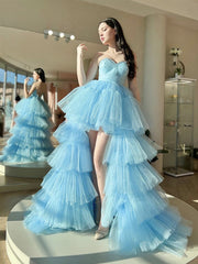 Unique Sweetheart Neck High Low Tulle Blue Prom Dress Blue Tulle Formal Dress