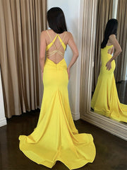 Simple Backless Satin Yellow Long Prom Dress Yellow Evening Dress