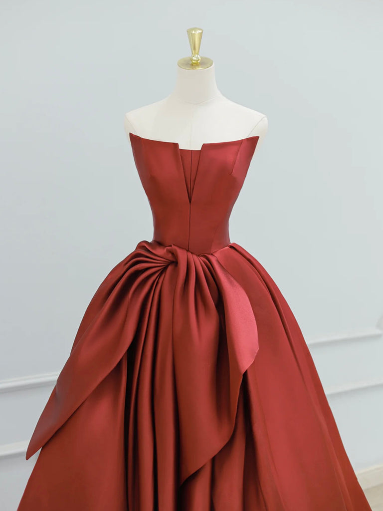 A-Line Satin Burgundy Long Prom Dress Burgundy Long Formal Gown