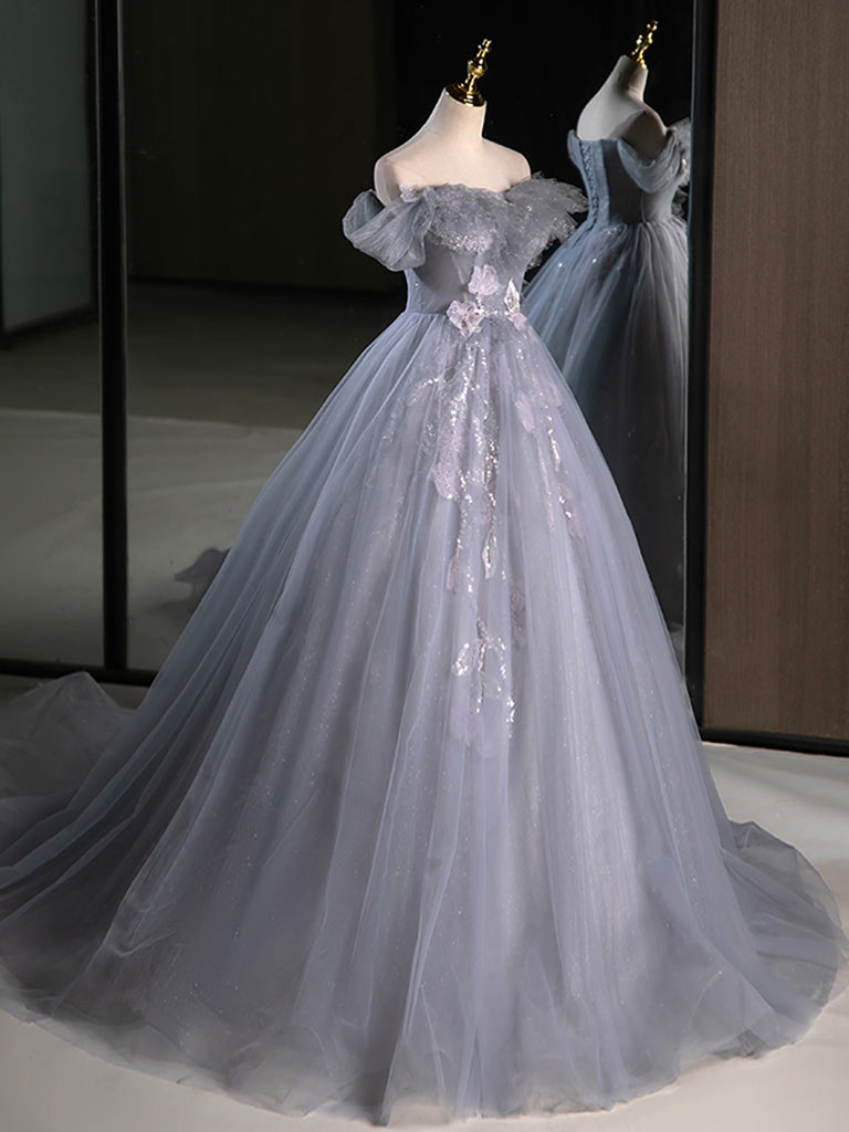 A-Line Off-Shoulder Tulle Lace Gray Blue Long Prom Dress Gray Blue Long Formal Dress