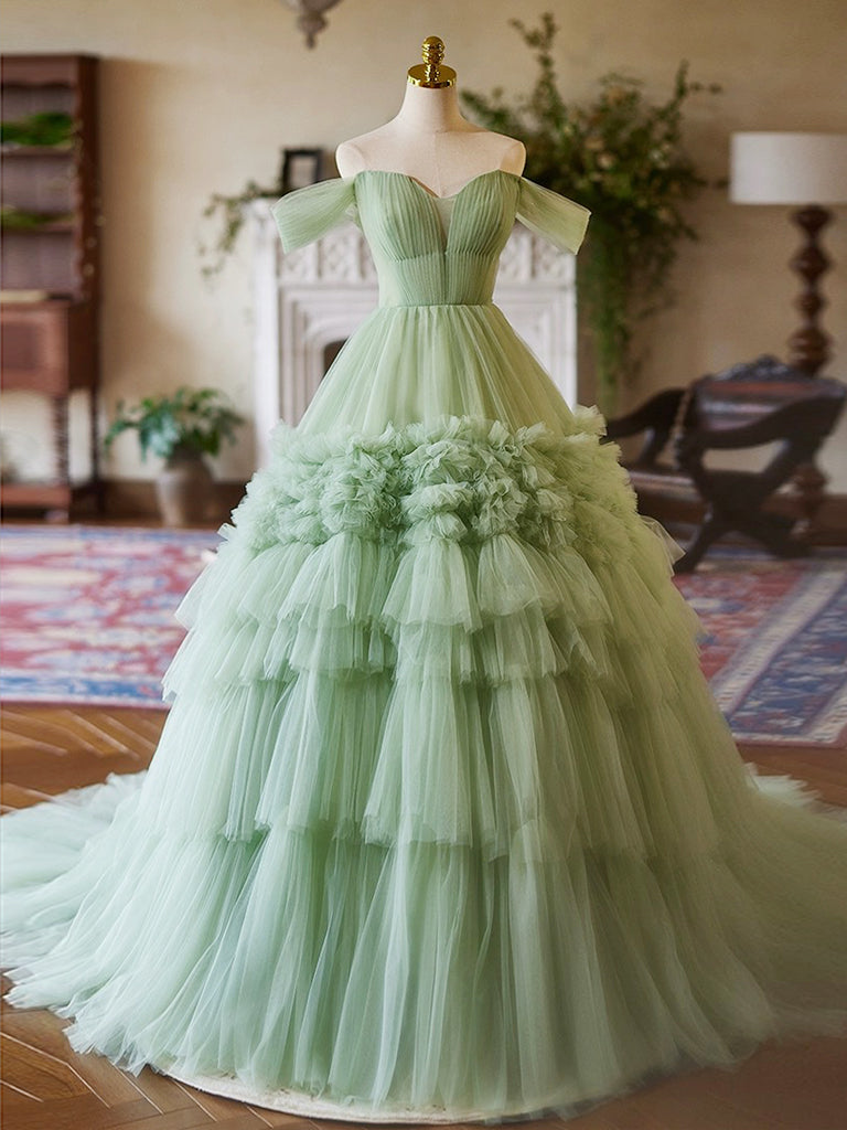 A-Line Off-Shoulder Tulle Green Long Prom Dress Green Long Sweet 16 Dress