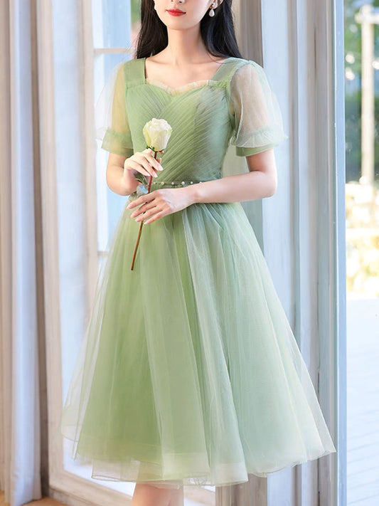 A-Line Green Tulle Short Prom Dress Green Short Formal Dress