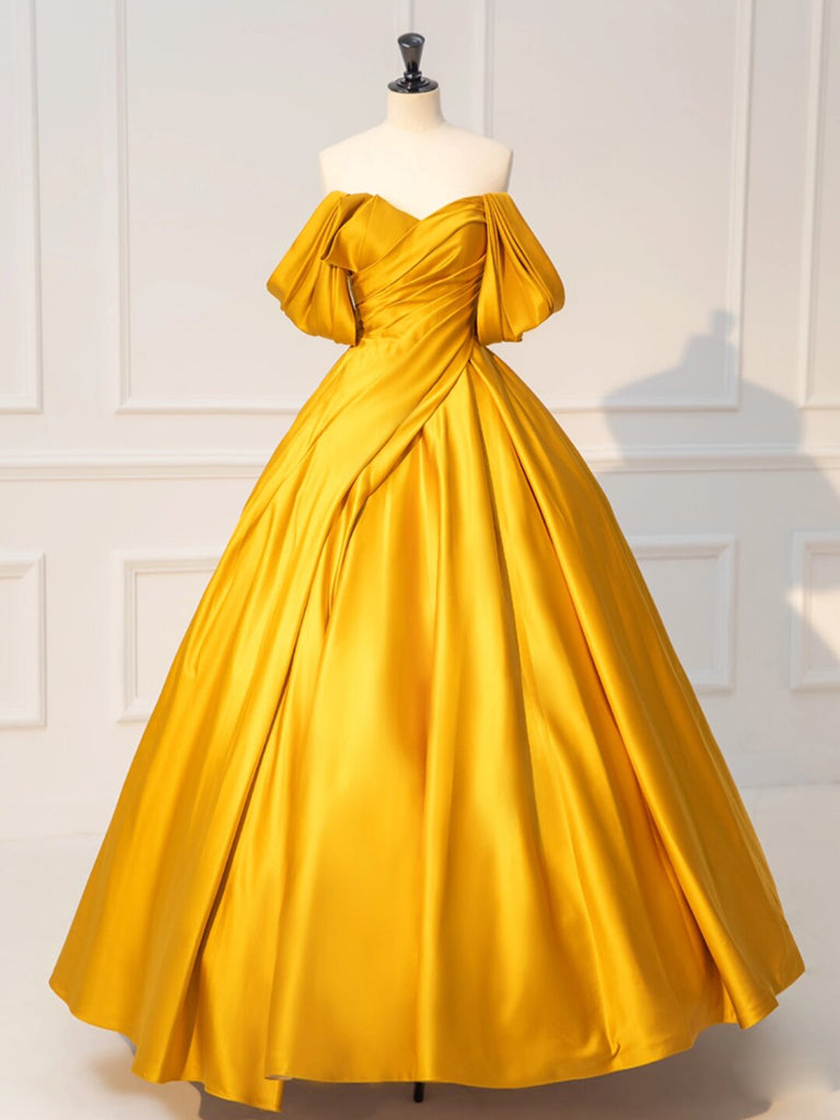 Yellow Off-Shoulder Satin Long Prom Dress Yellow Long Evening Dress