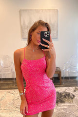 shiny sheath scoop sequin styles girly pink tight fitting short homecoming dress 