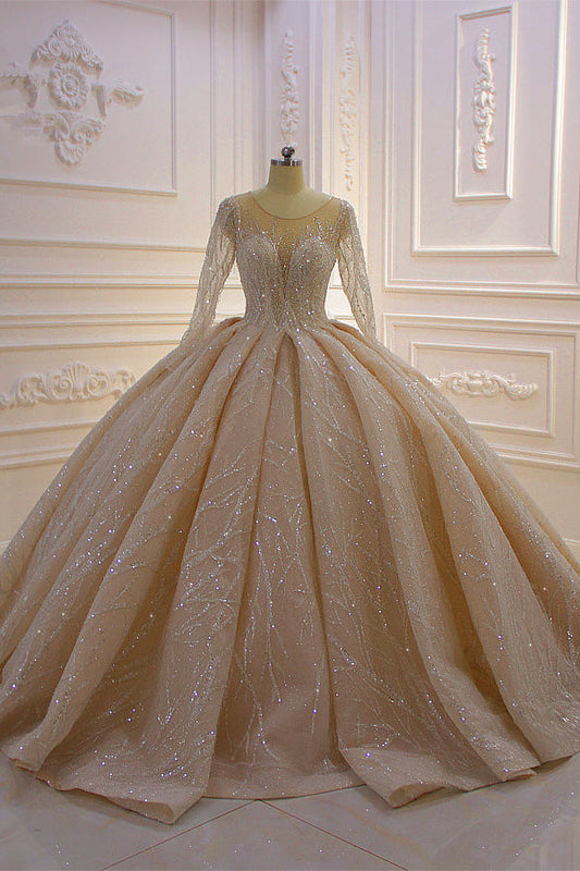 Shiny Ball Gown Tulle Jewel Neck Long Sleeves Wedding Dress