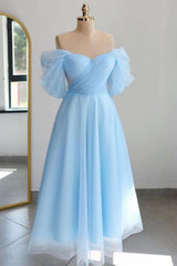 shiny tulle off the shoulder light blue tea length prom dress