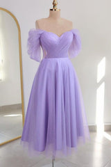 shiny tulle off the shoulder light blue tea length prom dress