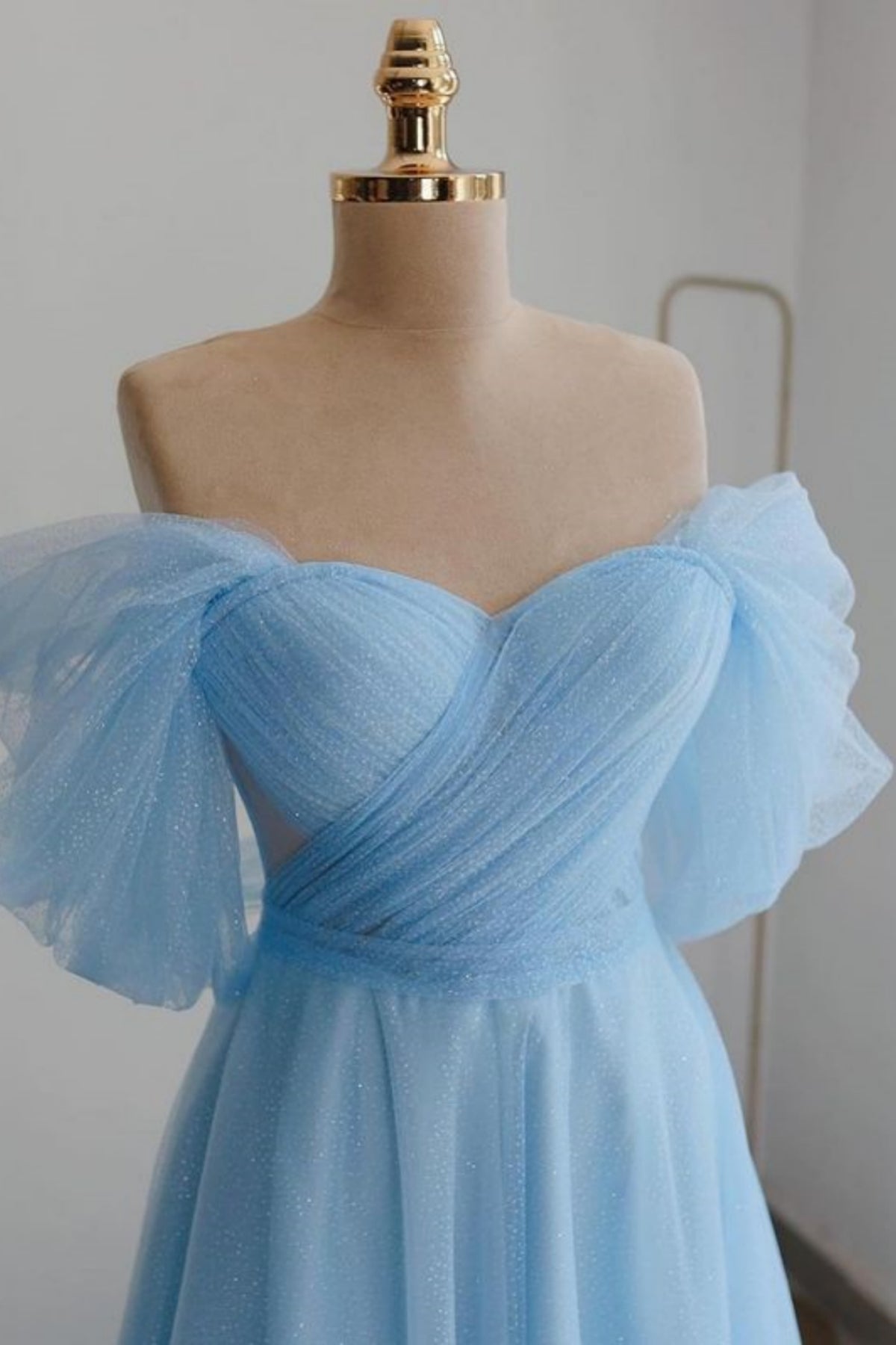 shiny tulle off the shoulder light blue tea length prom dress