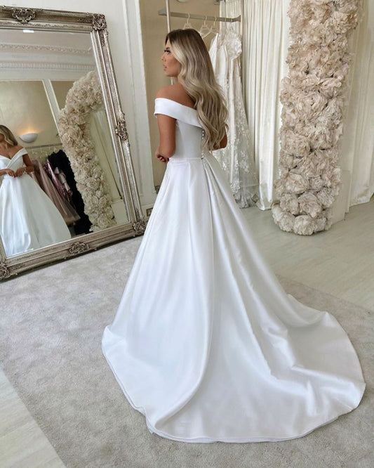 White Off The Shoulder Wedding Dress A Line Satin Bridal Dress