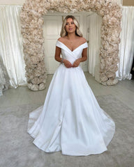 White Off The Shoulder Wedding Dress A Line Satin Bridal Dress