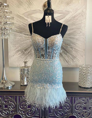 sky blue sexy corset lace tight fitting short homecoming dress with chic feather styles