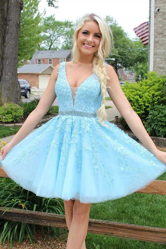 sky blue lace formal graduation homecoming dress