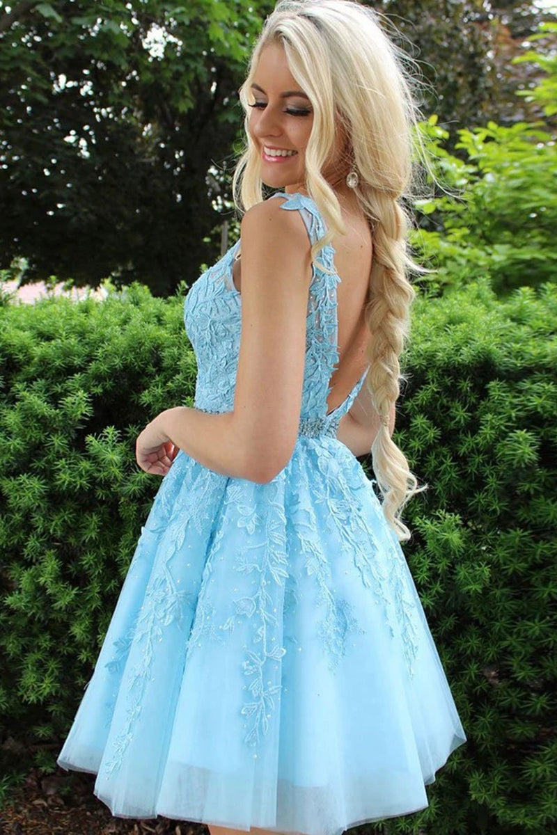 sky blue lace formal graduation homecoming dress